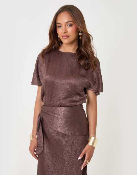 Threadbare Crinkle satin batwing top in chocolate brown - view 1