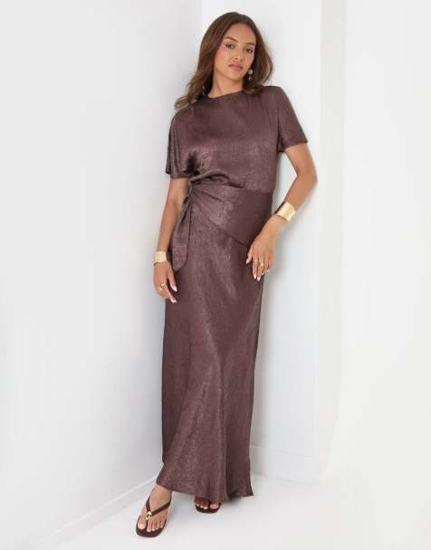 Threadbare Crinkle satin wrap maxi skirt in chocolate brown - view 1