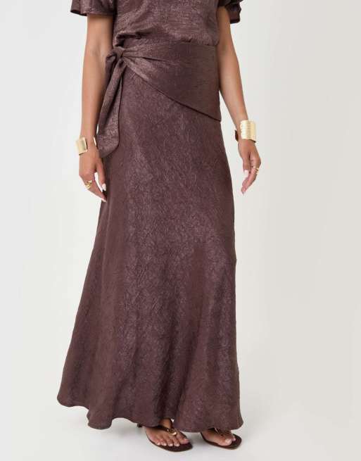 Threadbare Crinkle satin wrap maxi skirt in chocolate brown, 2 of 5