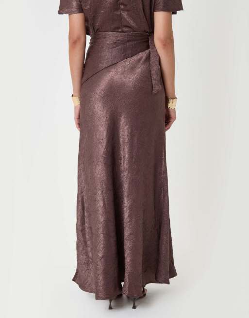 Threadbare Crinkle satin wrap maxi skirt in chocolate brown, 4 of 5