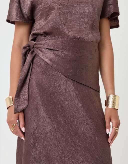 Threadbare Crinkle satin wrap maxi skirt in chocolate brown, 5 of 5