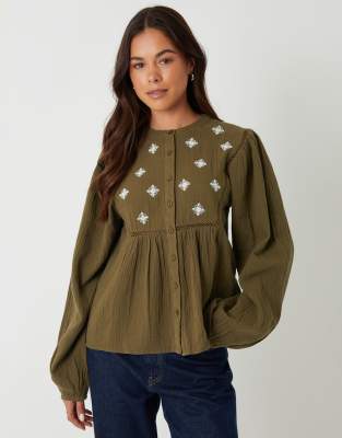 Threadbare Crinkle Texture Cotton Embroidered Button Up Blouse In Green