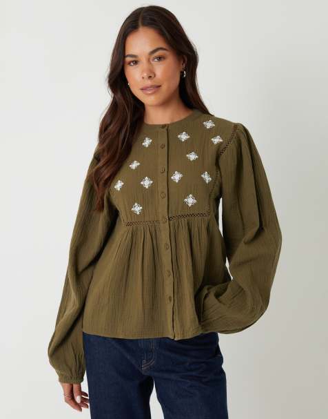 Threadbare Crinkle texture cotton embroidered button up blouse in khaki - view 1