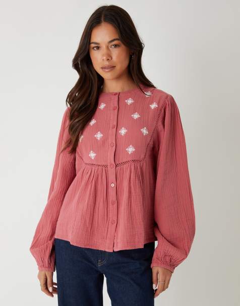 Threadbare Crinkle texture cotton embroidered button up blouse in pink - view 1