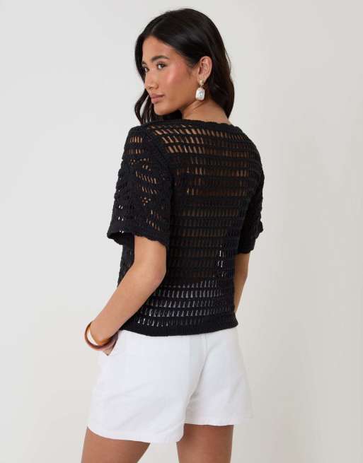 Threadbare Crochet button up top in black, 2 of 4