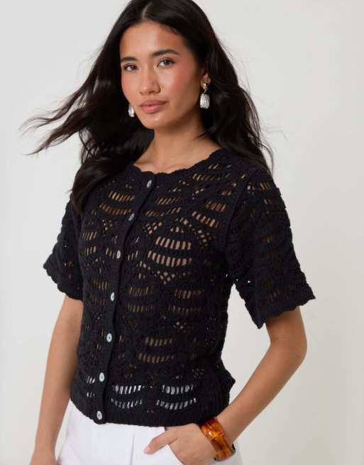 Threadbare Crochet button up top in black, 3 of 4