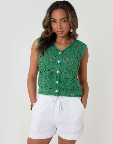 Threadbare Crochet button up vest in green - view 1