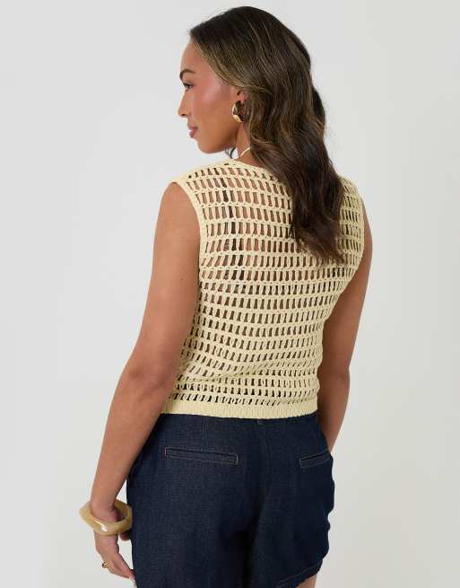 Threadbare Crochet button up vest in lemon, 4 of 4