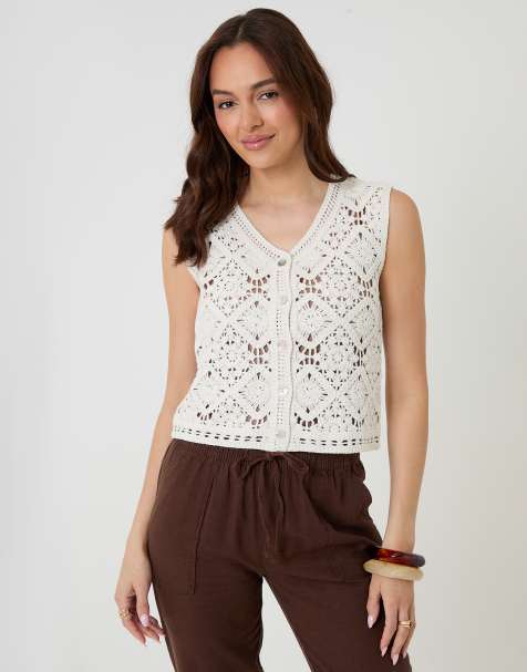 Threadbare Crochet button up vest in white - view 1