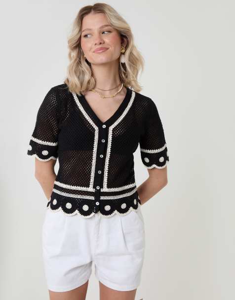 Threadbare Crochet flower hem button up top in black - view 1