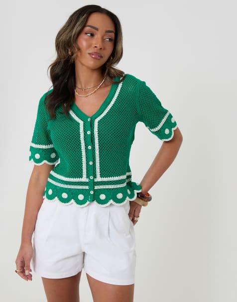 Threadbare Crochet flower hem button up top in multi - view 1