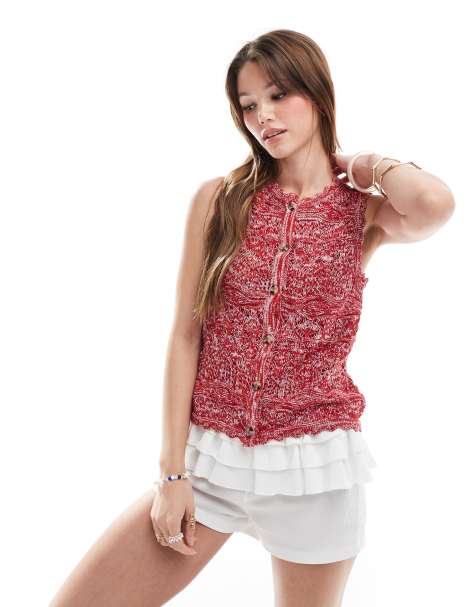 Threadbare crochet knit button down waistcoat in red - view 1