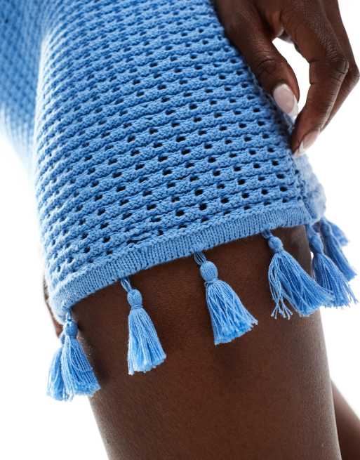 Threadbare crochet tassel mini skirt in baby blue ASOS