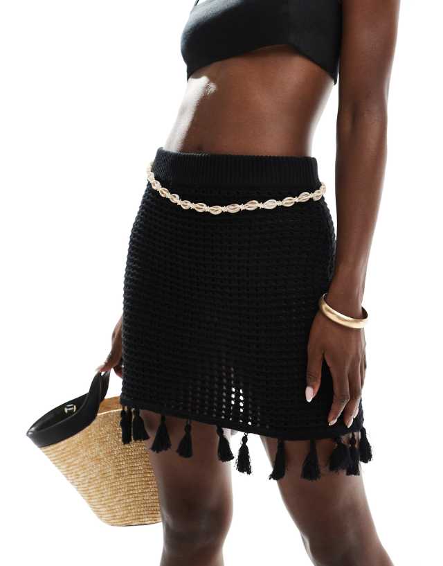 Threadbare - crochet tassel mini skirt in black