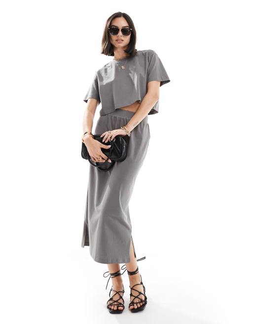 Threadbare - Crop top e gonna midi in jersey antracite