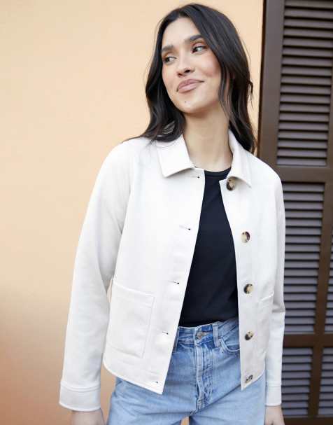 Threadbare Cropped button up suedette shacket in natural - view 1