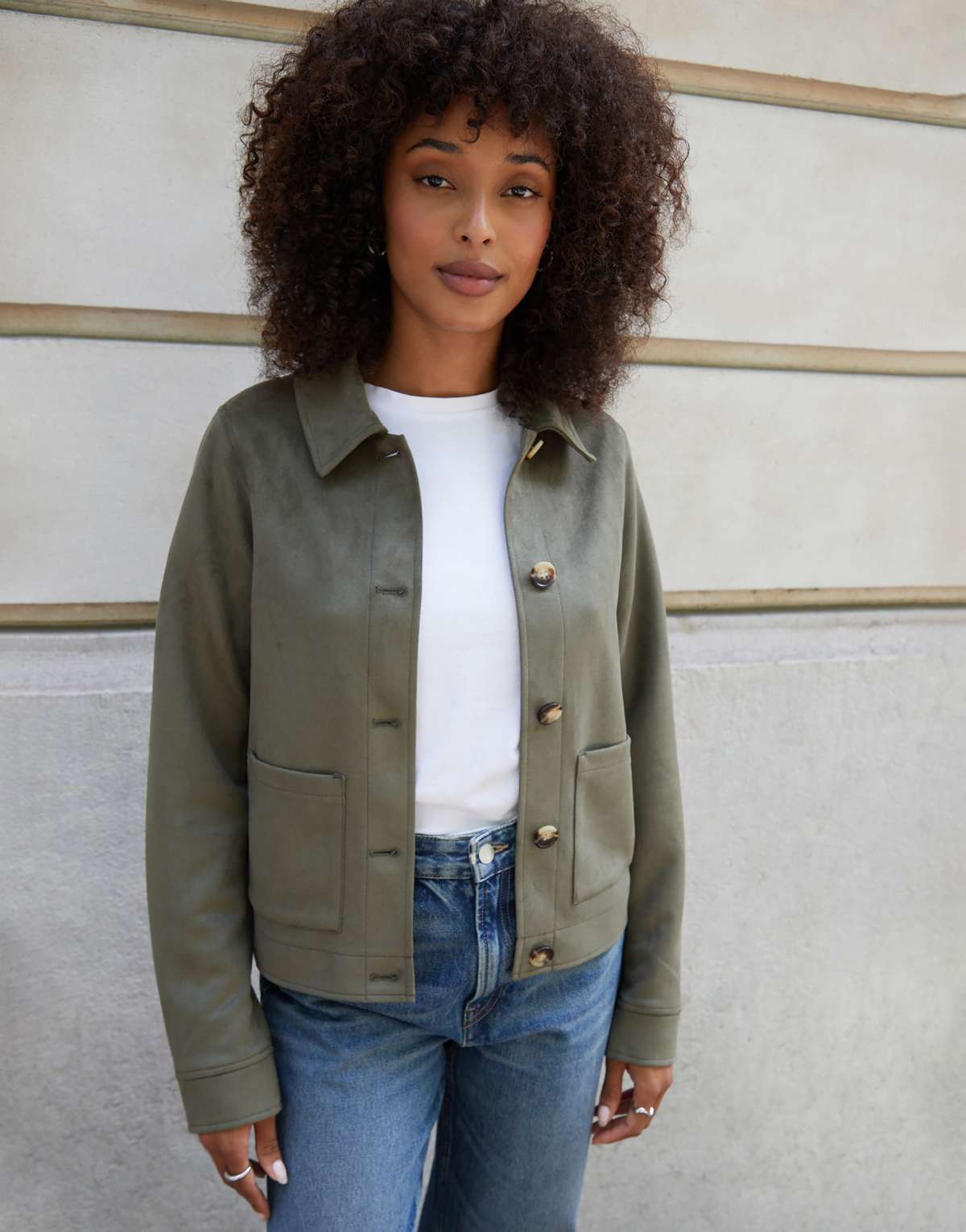 Threadbare Cropped button up suedette shacket in olive