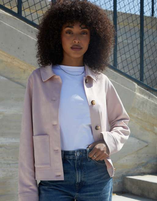 Threadbare Cropped button up suedette shacket in pink