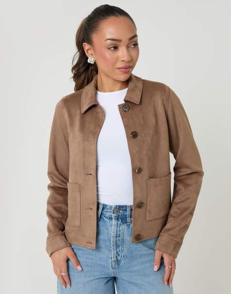Threadbare Cropped button up suedette shacket in taupe - view 1