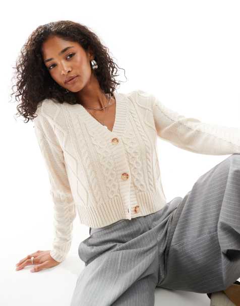 Threadbare cropped cable knit cardigan in cream - view 1