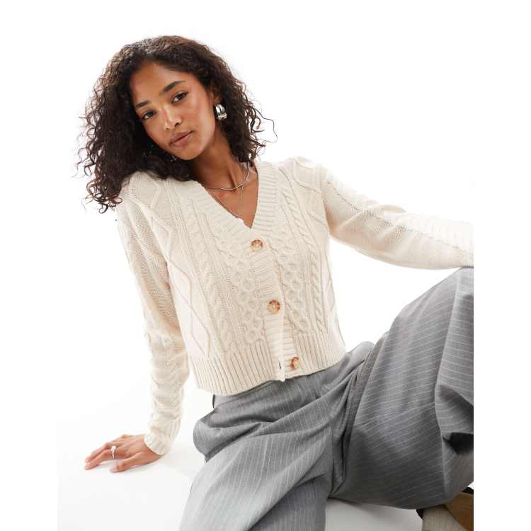 Threadbare cropped cable knit cardigan in cream ASOS