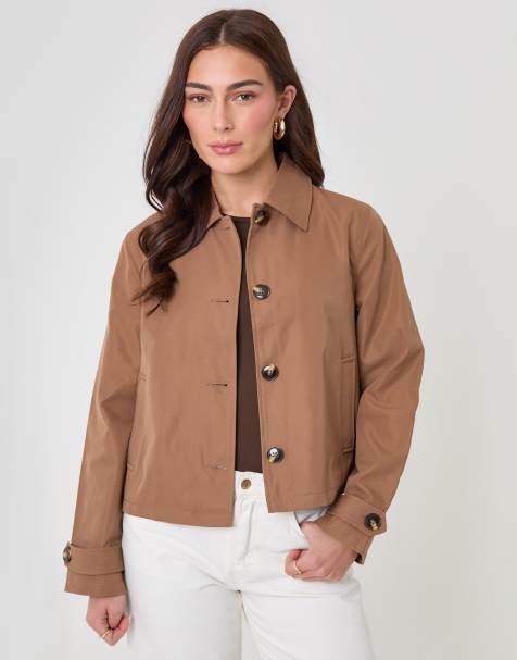 Threadbare Cropped collared trench coat in chocolate - view 1