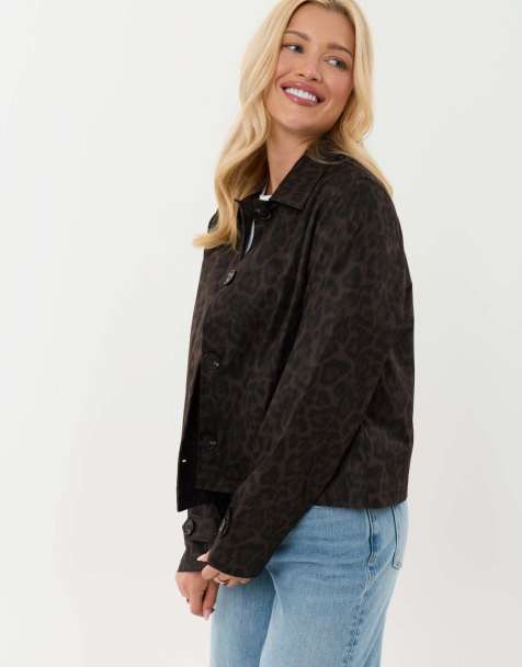 Threadbare Cropped collared trench coat in leopard - view 1