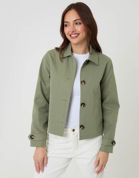 Threadbare Cropped hooded trench coat in khaki - view 1