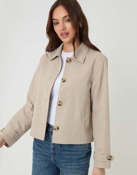 Threadbare Cropped hooded trench coat in stone - view 1