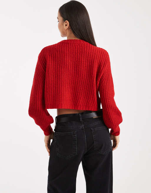 Threadbare cropped knitted rib crew neck jumper in red, 2 of 4
