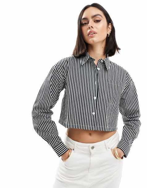Threadbare cropped shirt in black and white stripe - view 1