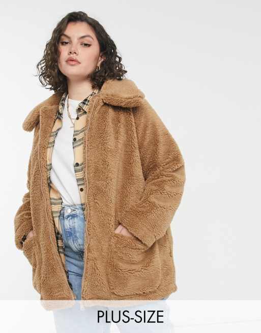 Threadbare Curve Gaby borg teddy coat in tan