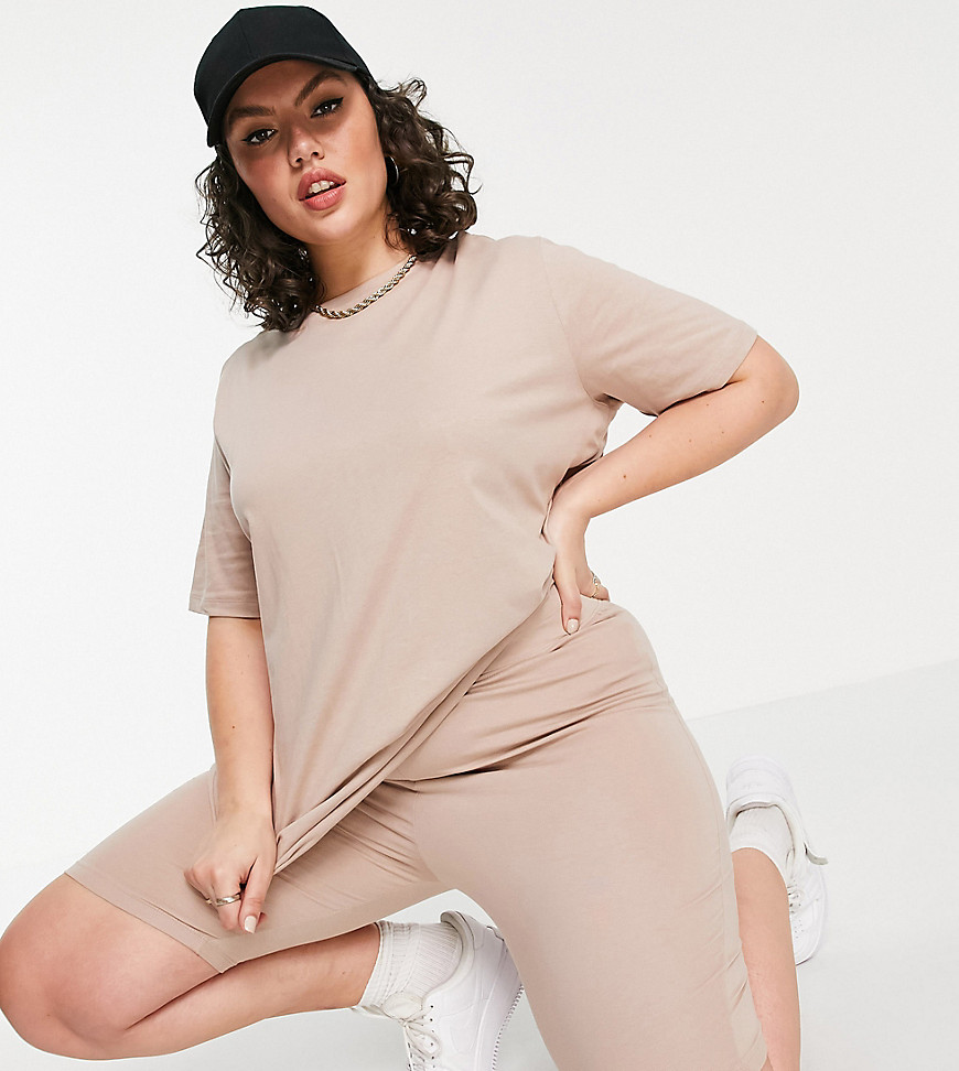 Threadbare Curve legging shorts and oversized t-shirt set in tan-Brown
