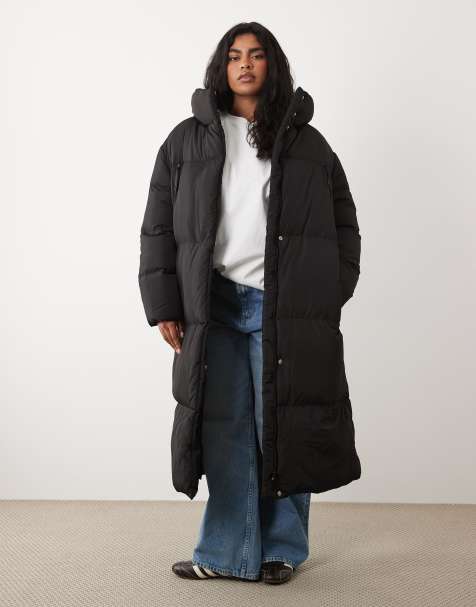 Threadbare Curve long padded coat with hood and front pockets in black - view 1