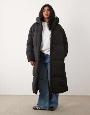 Threadbare Curve long padded coat with hood and front pockets in black