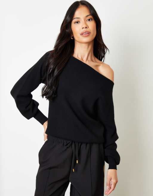 Threadbare Curve 'marilyn' slash neck knitted jumper in black