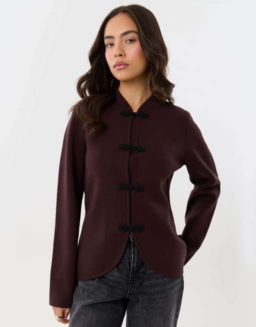 Threadbare Curved hem mandarin style cardigan in chocolate brown, 2 of 5
