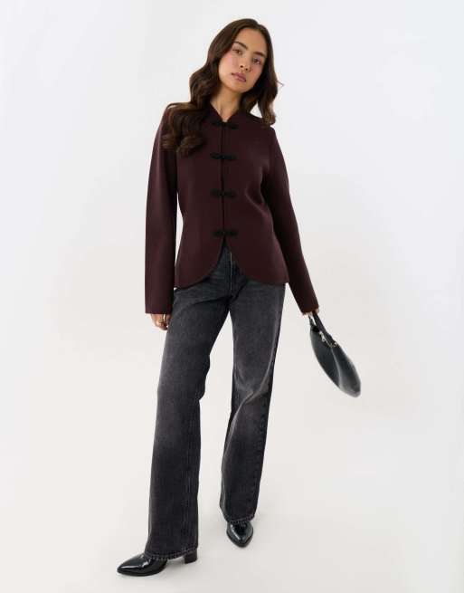 Threadbare Curved hem mandarin style cardigan in chocolate brown, 3 of 5