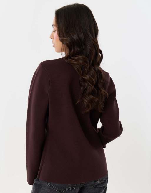Threadbare Curved hem mandarin style cardigan in chocolate brown, 4 of 5