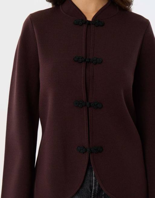 Threadbare Curved hem mandarin style cardigan in chocolate brown, 5 of 5