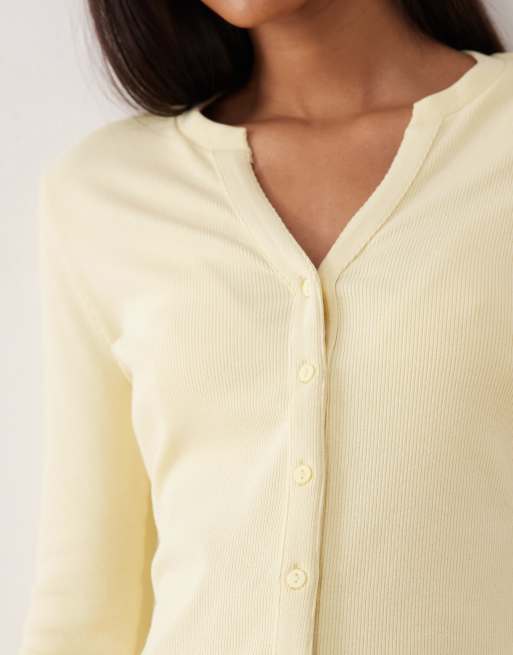 Threadbare – Cytrynowożółty prążkowany top z długimi rękawami i zapięciem na guziki, 3 z 4