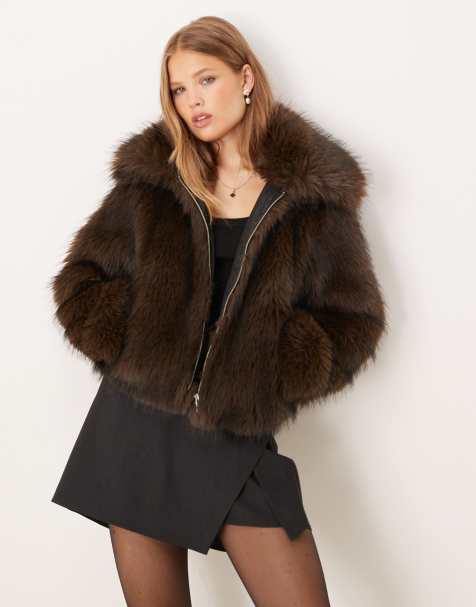 Threadbare short fur jacket with collar in chocolate