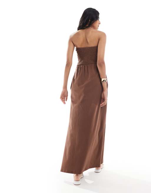 Threadbare – Czekoladowobrązowa dżersejowa sukienka maxi z dekoltem bandeau, 3 z 4