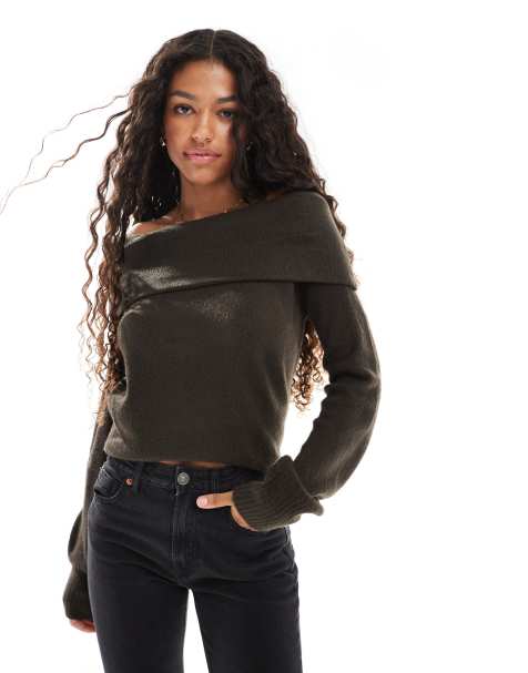 Threadbare off shoulder jumper in chocolate brown
