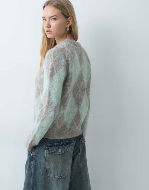 Threadbare czesany sweter dzianinowy z okrągłym dekoltem, wzór argyle, w kolorze owsiankowym i szałwiowym, 5 z 5