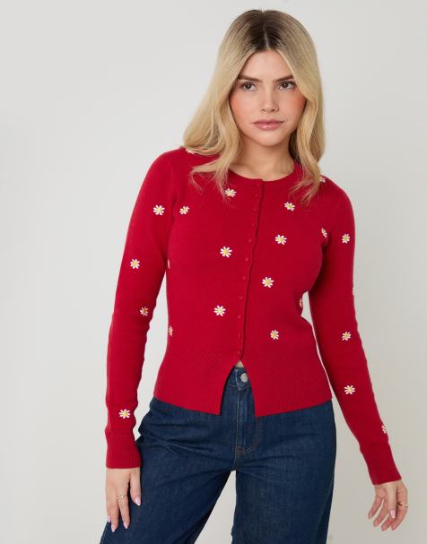 Threadbare Daisy embroidered crew neck knitted cardigan in red