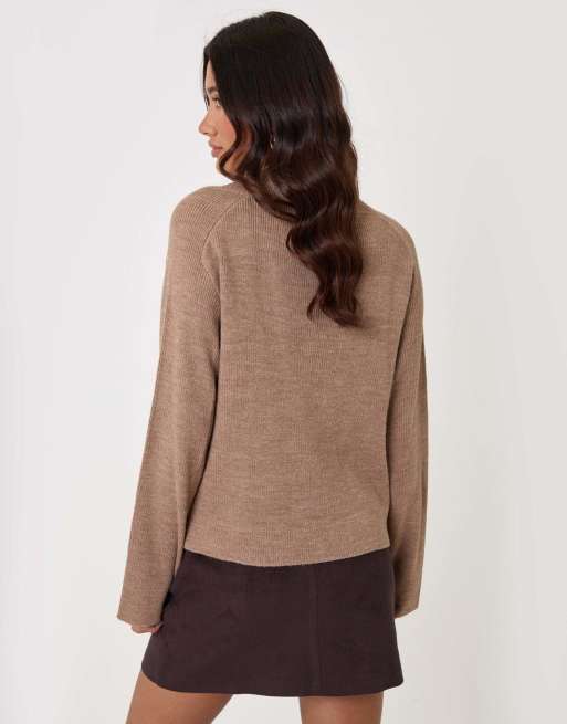 Threadbare Deep rib v-neck jumper in beige, 2 of 5