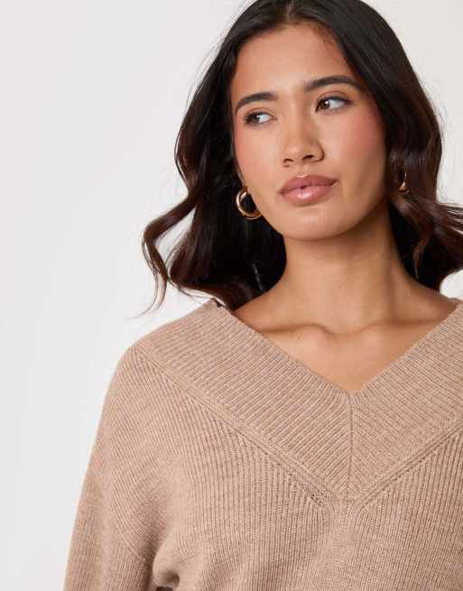 Threadbare Deep rib v-neck jumper in beige, 3 of 5