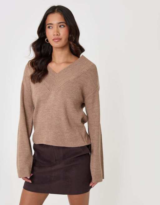 Threadbare Deep rib v-neck jumper in beige, 4 of 5