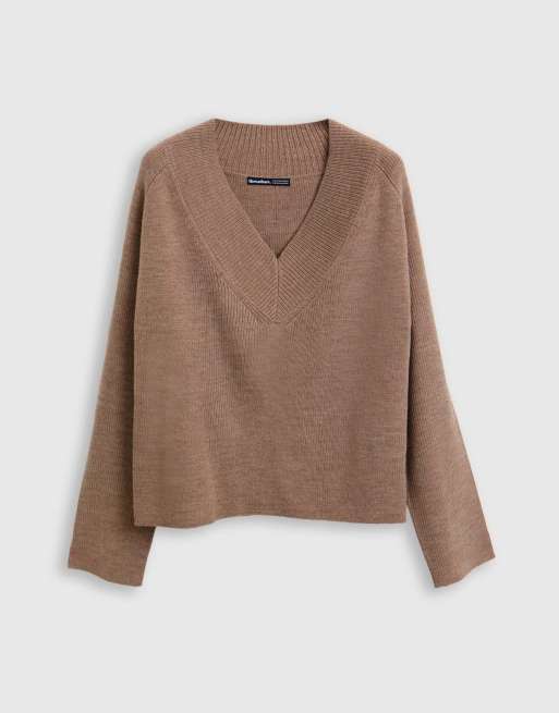 Threadbare Deep rib v-neck jumper in beige, 5 of 5